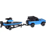 Kompletny zestaw samochodu, przyczepy i łodzi w ujęciu bocznym