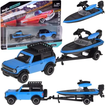 Model Ford Bronco 2021 z przyczepą i łodzią w skali 1:64
