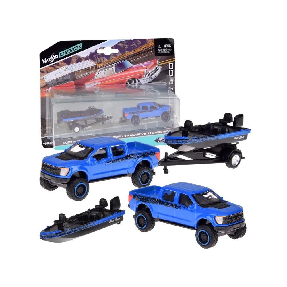 Model Ford F-150 SVT Raptor 2021 z łodzią na przyczepie w skali 1:64