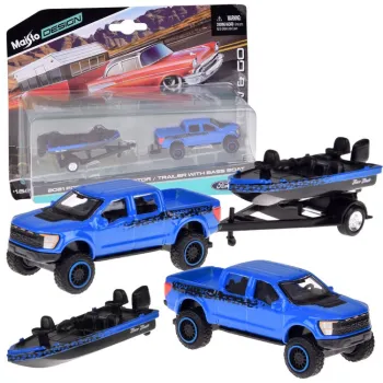 Ford F-150 SVT Raptor 2021 metalowy model z przyczepą i łodzią w skali 1:64