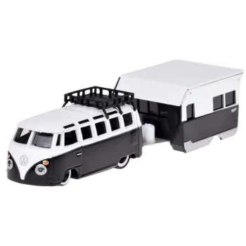 Zbliżenie na metalowe nadwozie Volkswagena z przyczepą