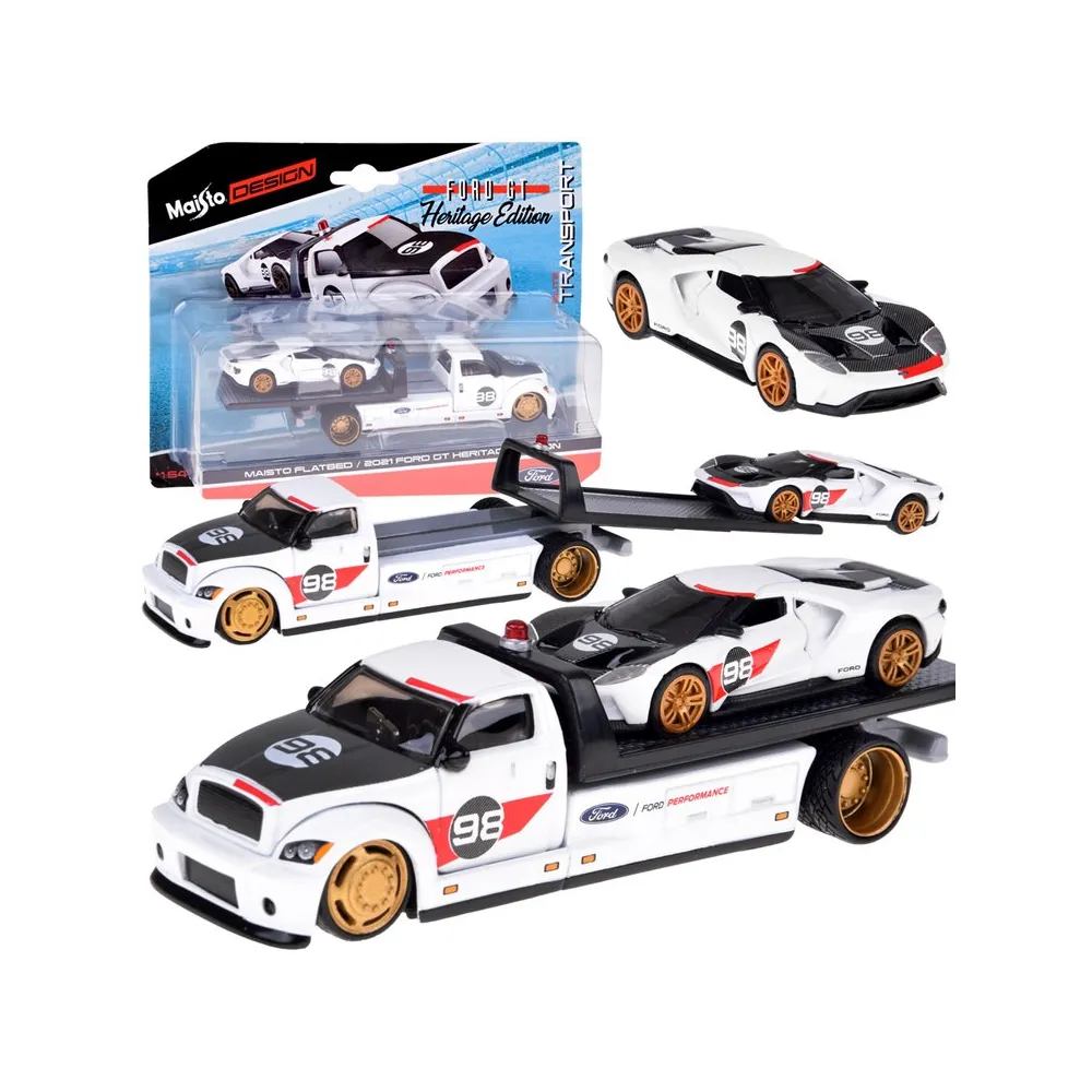 zestaw metalowy flatbed i ford gt heritage na białym tle