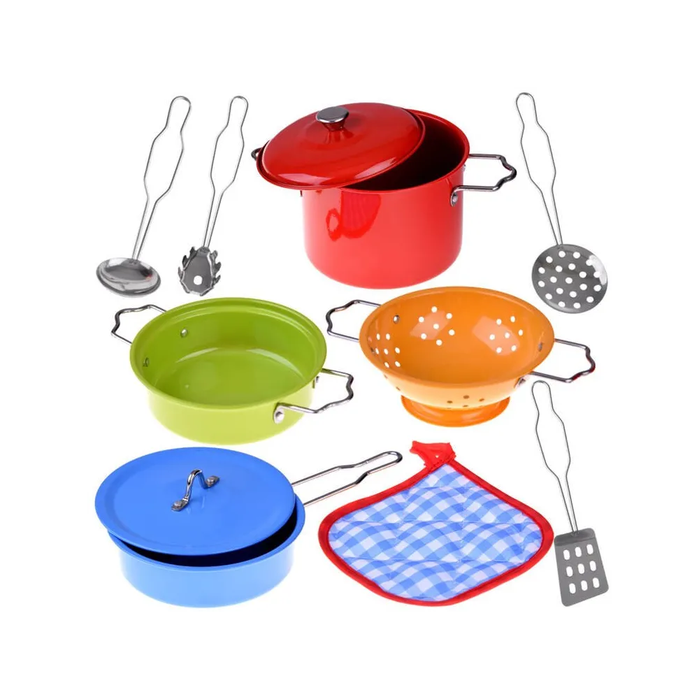 kolorowy zestaw metalowych garnków i akcesoriów dla dzieci