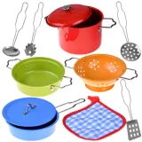 kolorowy zestaw metalowych garnków i akcesoriów dla dzieci