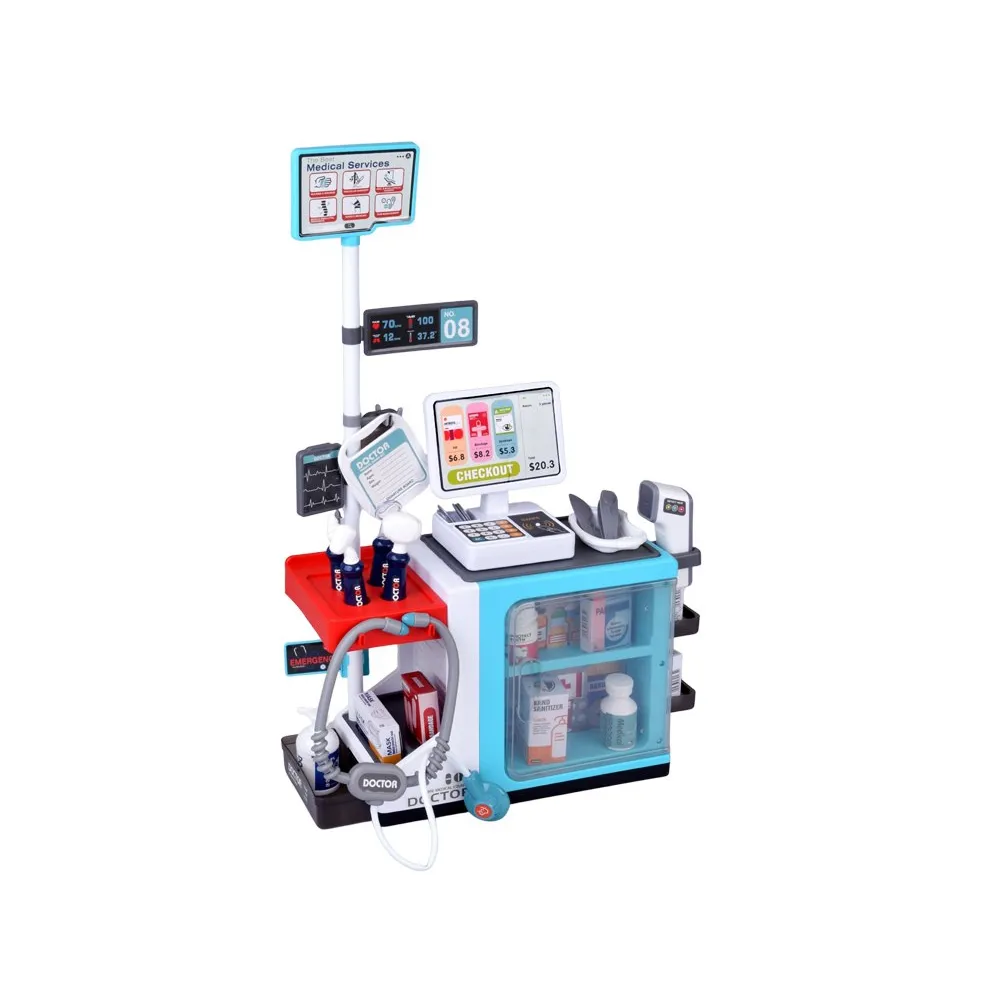 zestaw mały lekarz ze stanowiskiem, kasą fiskalną i półkami