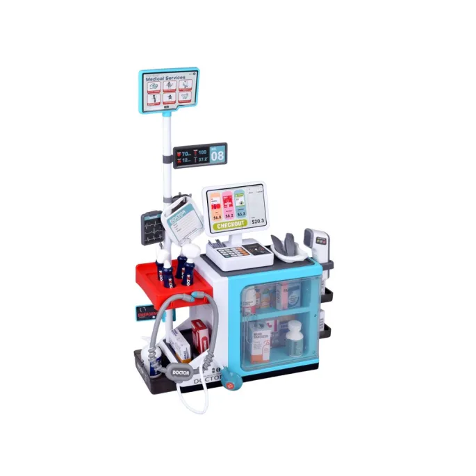 zestaw mały lekarz ze stanowiskiem, kasą fiskalną i półkami