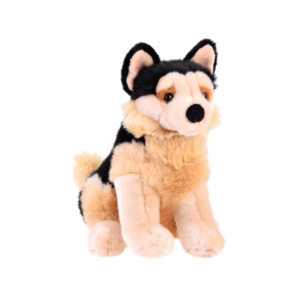 pluszowy owczarek niemiecki siedzący na białym tle