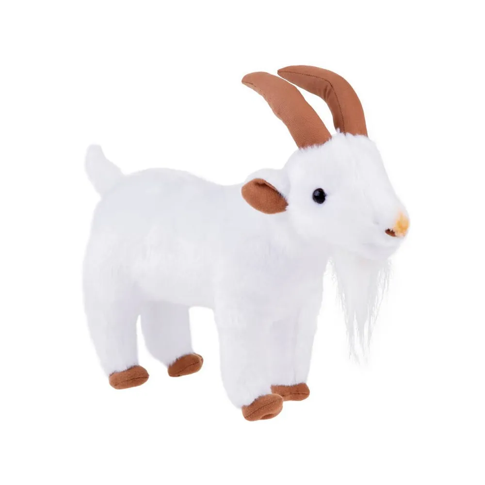 Biała maskotka koza o długości 38 cm stojąca na tle jasnego tła