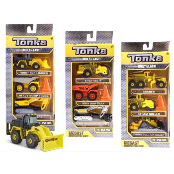 trzy pojazdy budowlane tonka i akcesoria na tle imitującym plac budowy