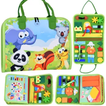 Materiałowa książeczka edukacyjna Montessori z kolorową okładką i zwierzętami