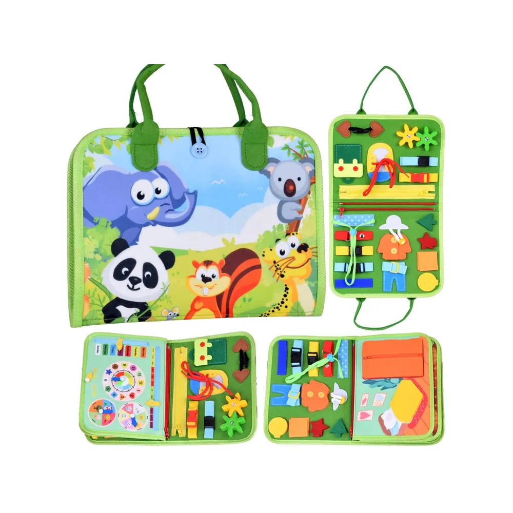 Materiałowa książeczka edukacyjna Montessori z kolorową okładką i zwierzętami