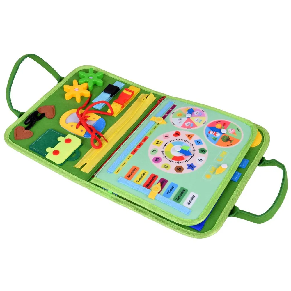 Widok książeczki manipulacyjnej otwartej na barwnych stronach tematycznych