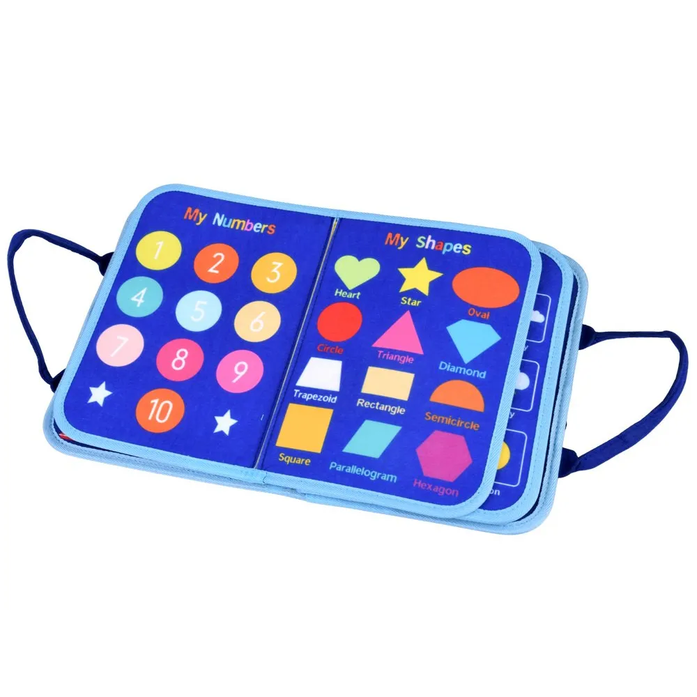 Barwne elementy do nauki liczenia i alfabetu w książeczce manipulacyjnej