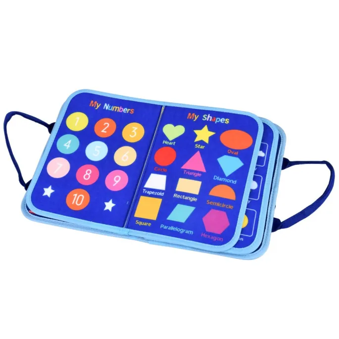 Barwne elementy do nauki liczenia i alfabetu w książeczce manipulacyjnej