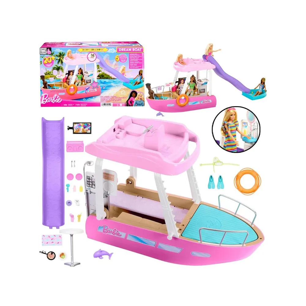 motorówka barbie z widocznymi kolorowymi akcesoriami na pokładzie