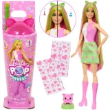 Barbie Pop Reveal Shake z kolorowymi włosami i kotkiem na białym tle