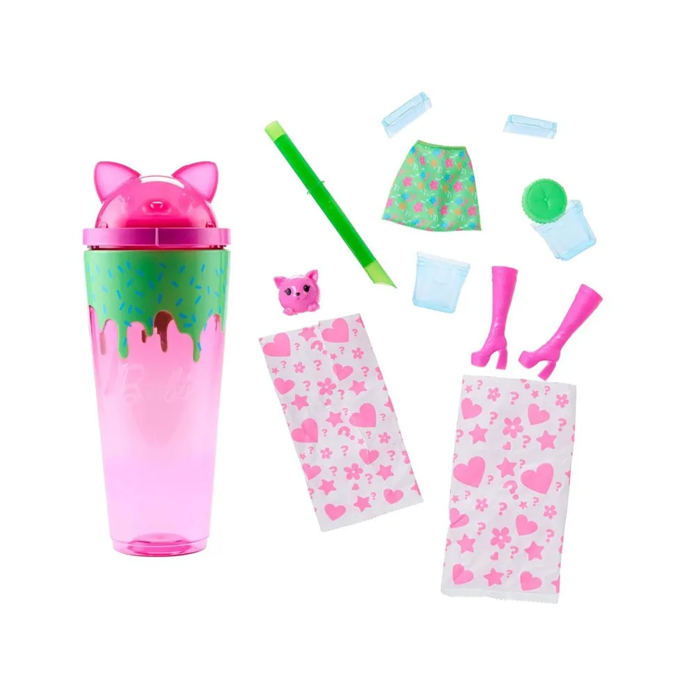 Osiem ukrytych dodatków Barbie Pop Reveal rozłożonych obok lalki