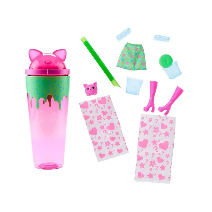 Osiem ukrytych dodatków Barbie Pop Reveal rozłożonych obok lalki