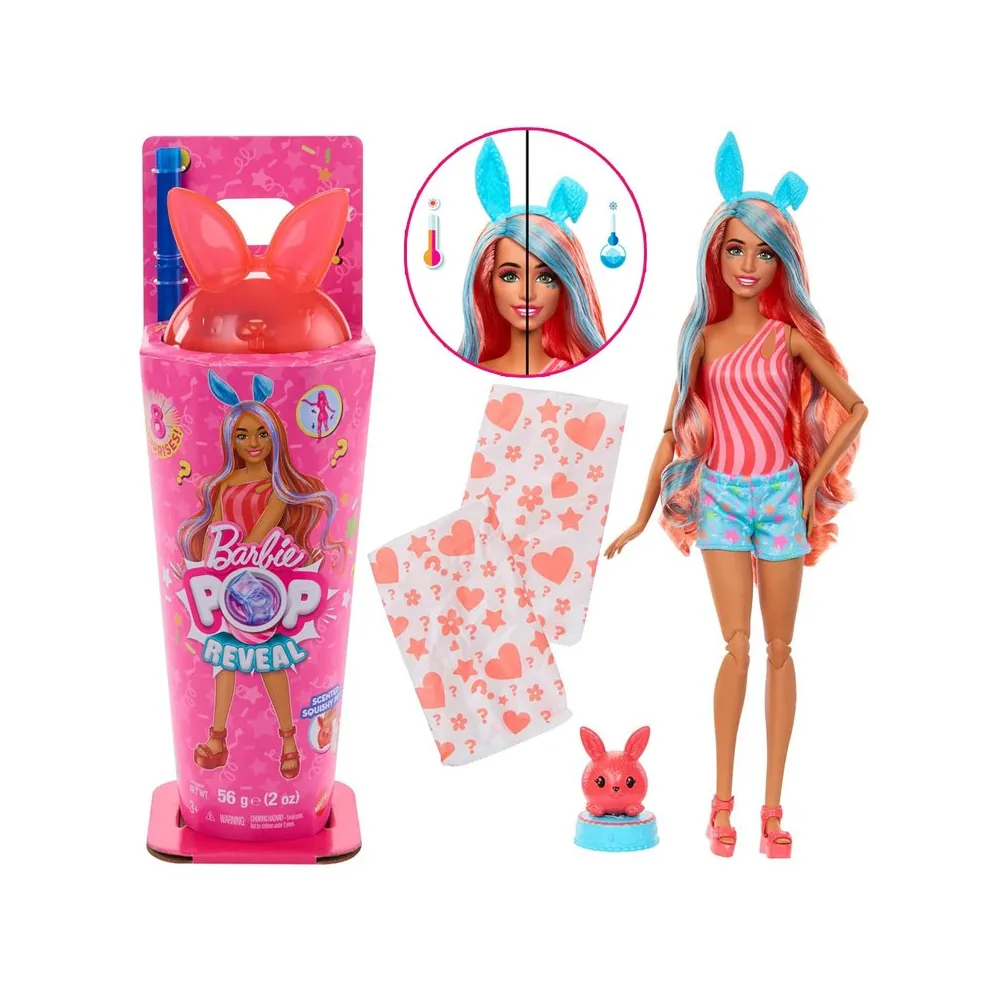 Barbie Pop Reveal Shake z lalką i króliczkiem w kolorowym opakowaniu