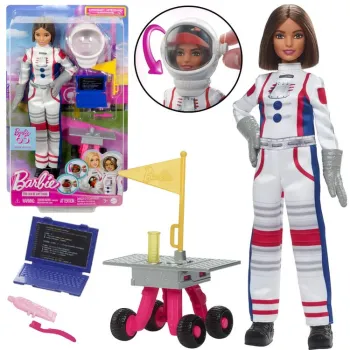 Barbie Astronautka w pełnym stroju z akcesoriami na tle kosmicznym