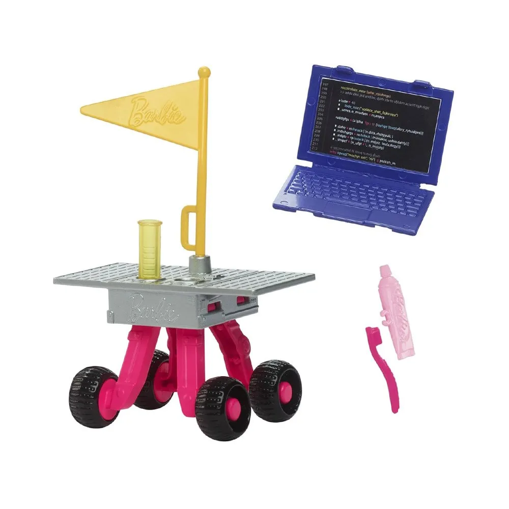 Barbie przy łaziku kosmicznym z flagą misji obok