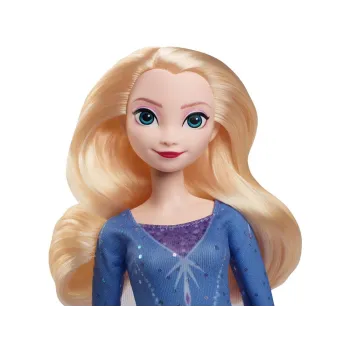 Zbliżenie na twarz i fryzurę lalki Elsa z długimi, miękkimi włosami