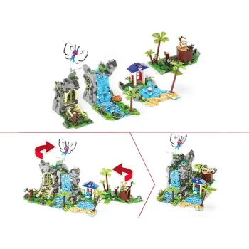 budowla dżungli z jaskinią oraz wodospadem ułożona z klocków