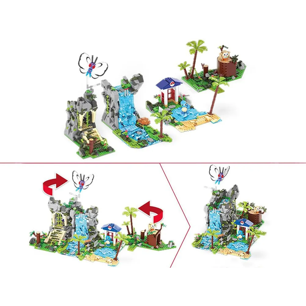 budowla dżungli z jaskinią oraz wodospadem ułożona z klocków