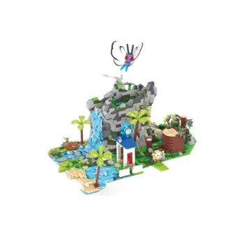 połączone sekcje: jaskinia, góra z wodospadem i jezioro z roślinnością