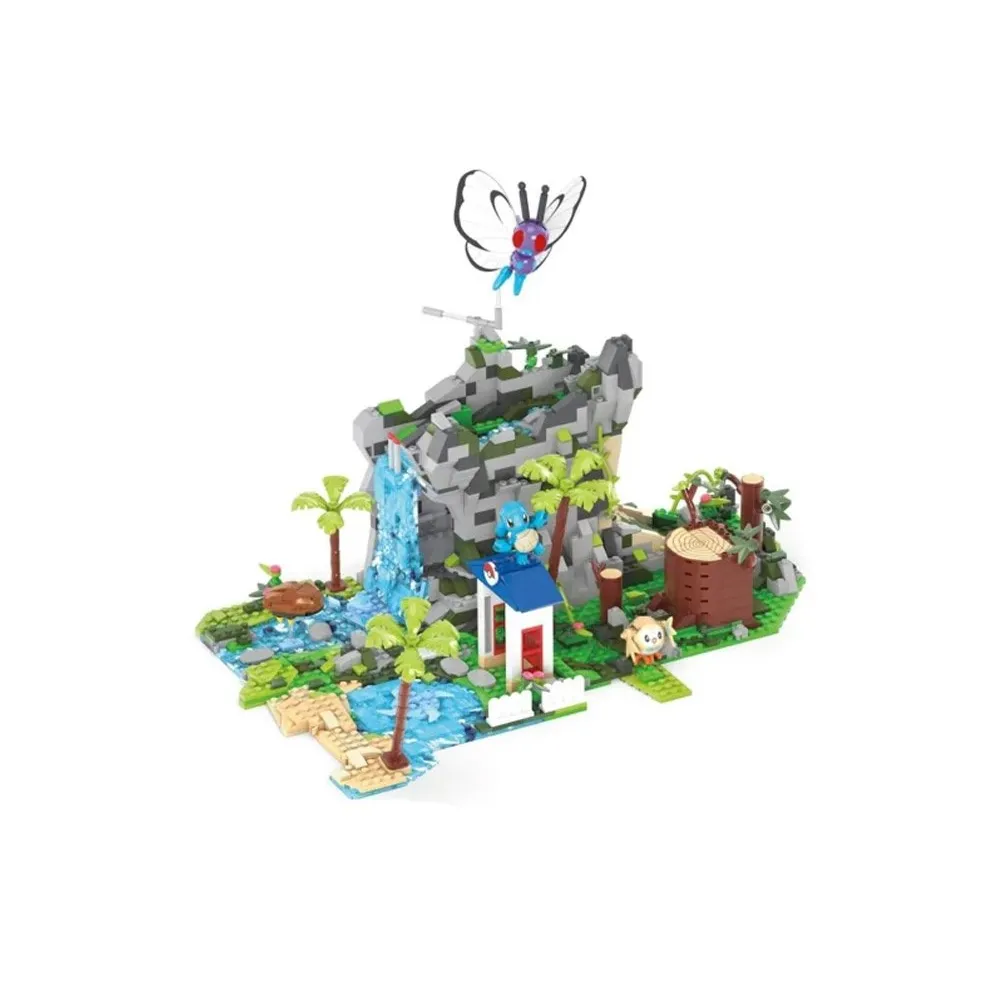 połączone sekcje: jaskinia, góra z wodospadem i jezioro z roślinnością