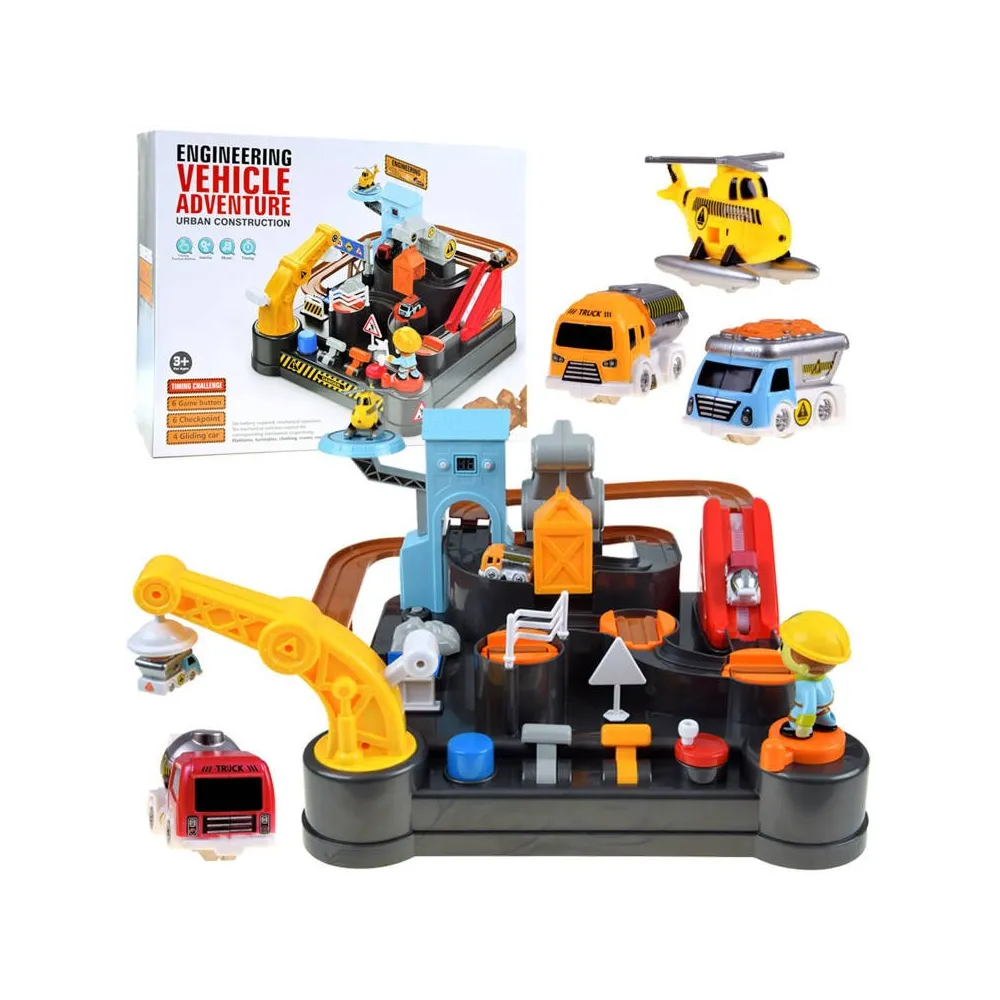 Zestaw mechaniczny tor z pojazdami budowlanymi na tle pudełka