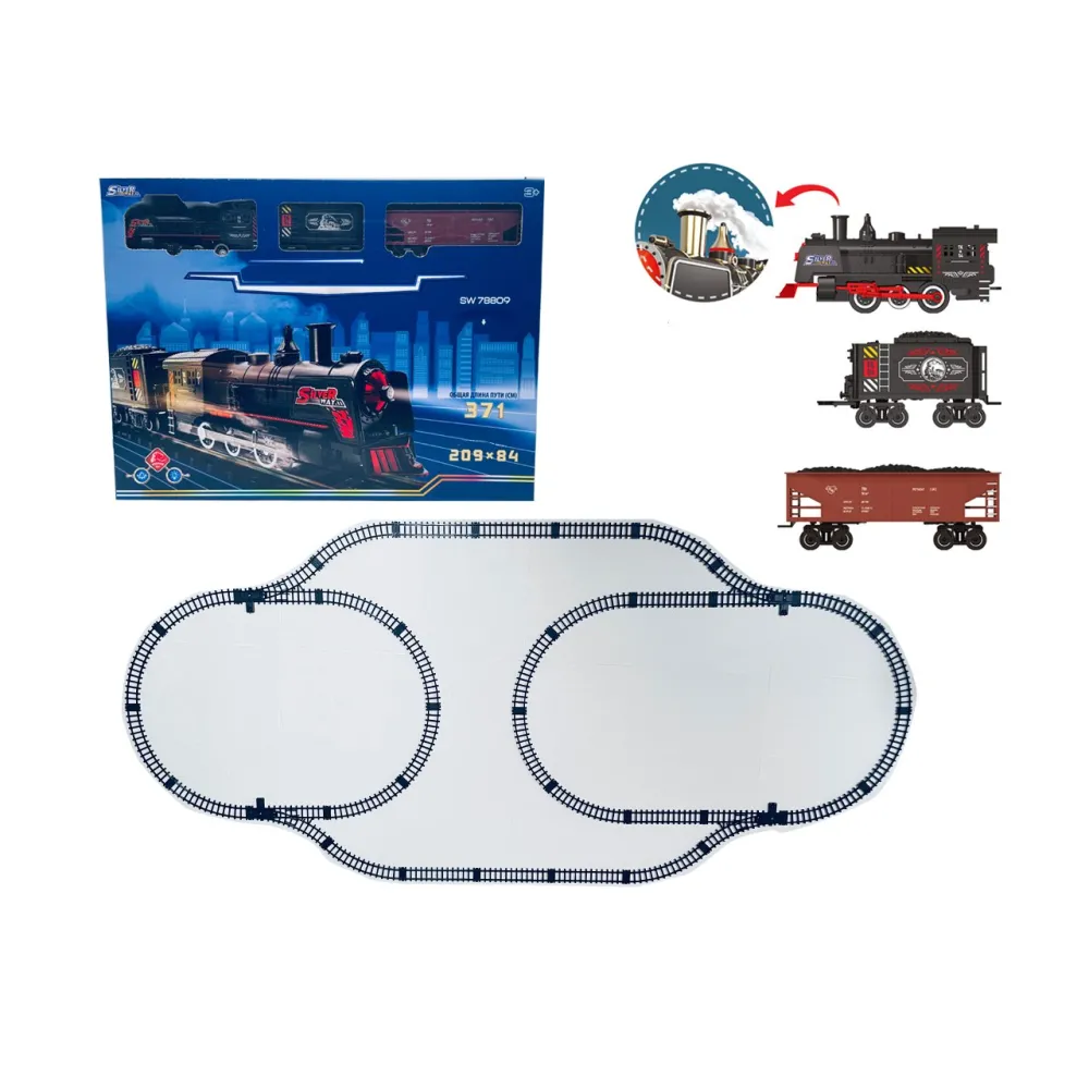 MEGA kolejka retro z funkcją dymu i światłami na torach w trakcie jazdy