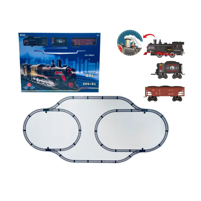 MEGA kolejka retro z funkcją dymu i światłami na torach w trakcie jazdy