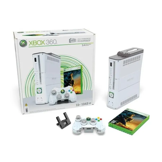 model z klocków repliki konsoli xbox 360 z kontrolerem na podstawce
