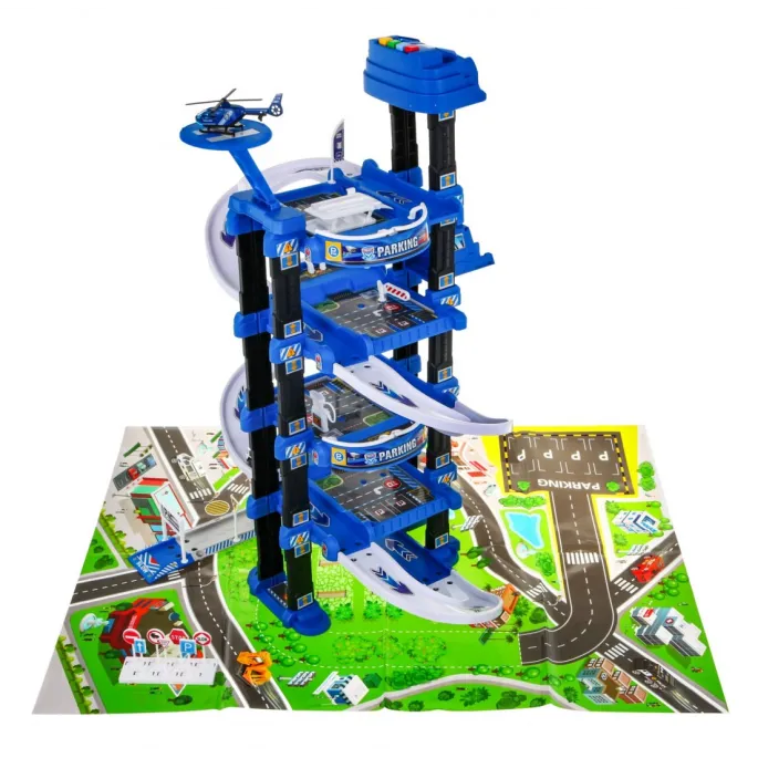 dziecko bawiące się samochodzikami na różnych poziomach parkingu