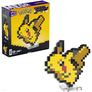 pikselowa figurka Pikachu Mega Pokemon na tle białym w stylu retro pixel art