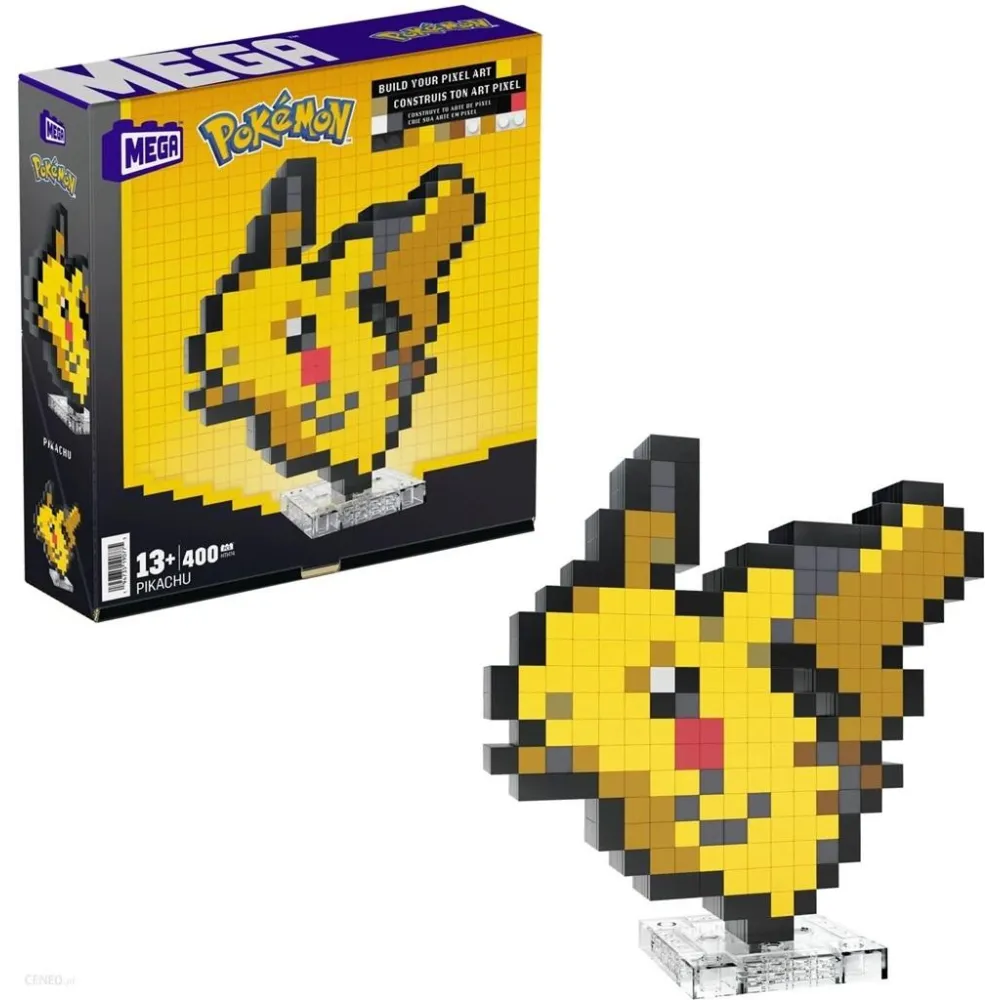 pikselowa figurka Pikachu Mega Pokemon na tle białym w stylu retro pixel art