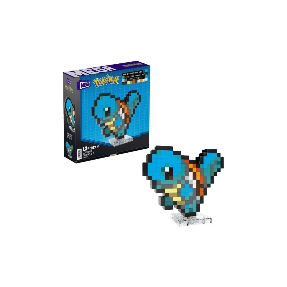 pikselowa figurka Squirtle z zestawu konstrukcyjnego na tle retro