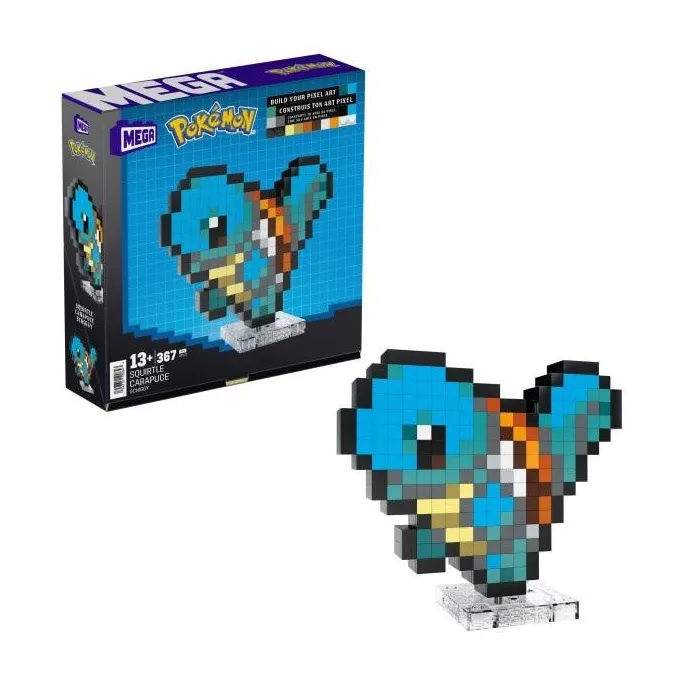 pikselowa figurka Squirtle z zestawu konstrukcyjnego na tle retro
