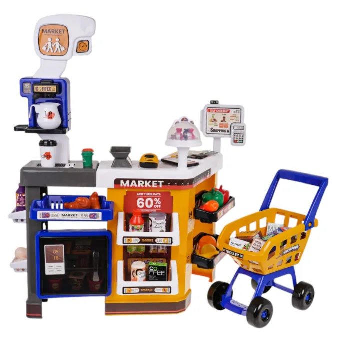 aksamitny wózek sklepowy z zabawkowymi produktami spożywczymi