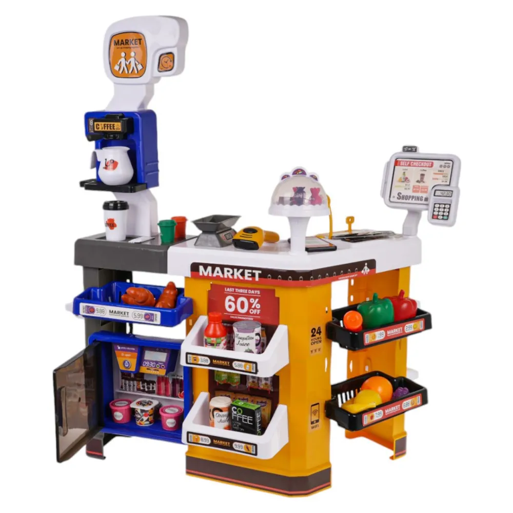 kolorowe akcesoria zestawu, w tym owoce i imitacje pieniędzy