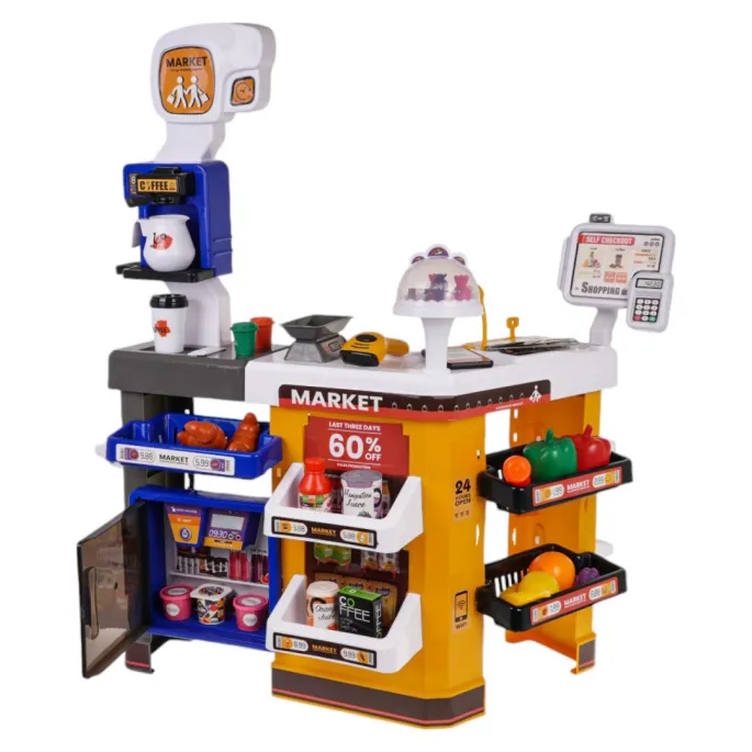 kolorowe akcesoria zestawu, w tym owoce i imitacje pieniędzy