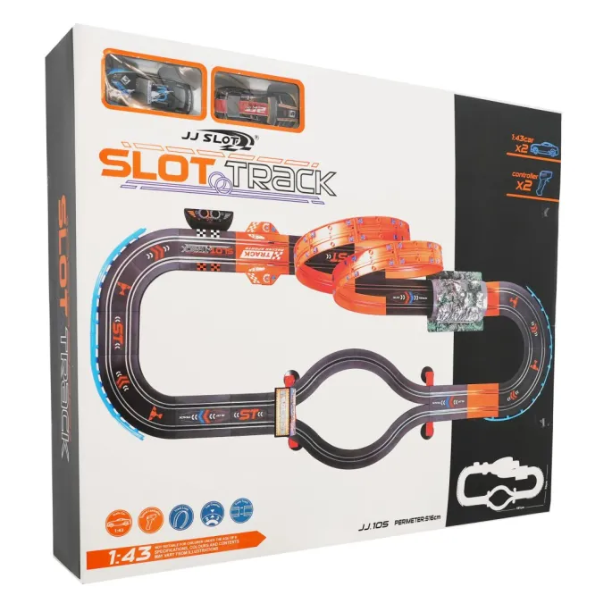 Zbliżenie na zakręt toru wyścigowego z samochodami w skali 1:43