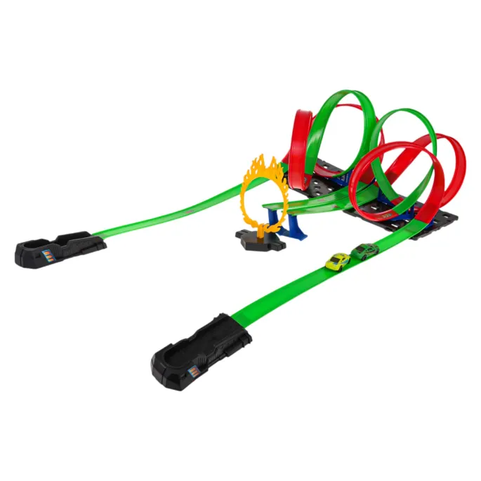 dwa pojazdy z napędem pull back na torze wyścigowym