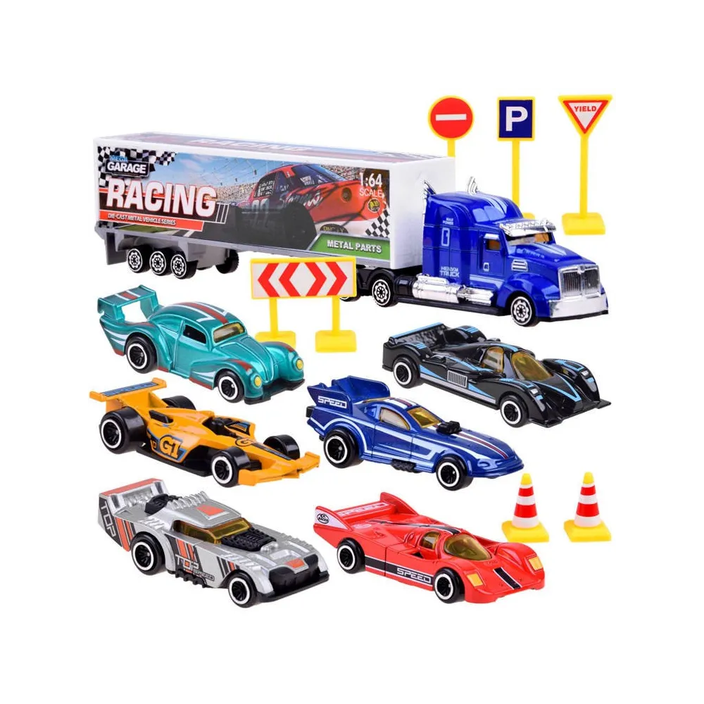 metalowe autka zestaw z ciężarówką i znakami drogowymi na białym tle