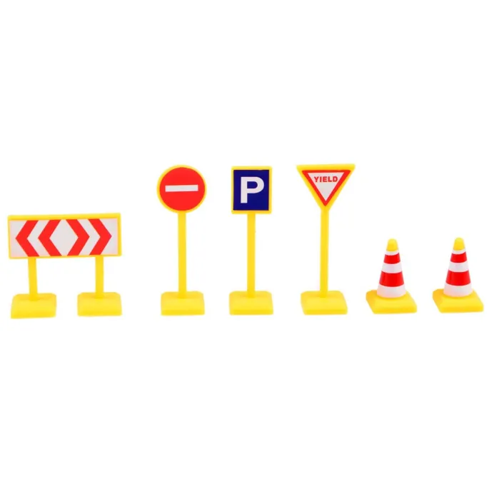 komplet pojazdów i znaków drogowych ułożony obok siebie