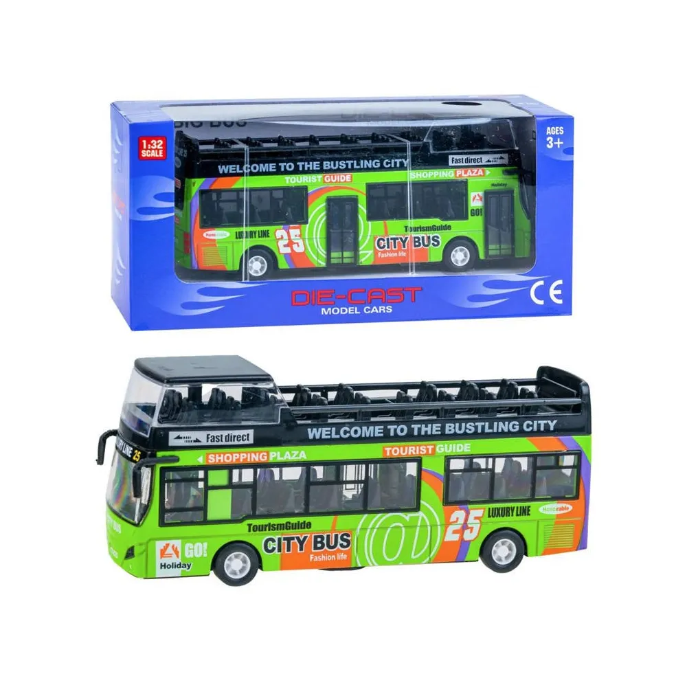 metalowy autobus piętrus z otwieranymi drzwiami na białym tle