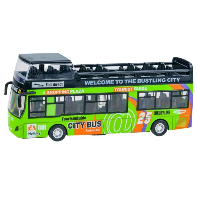 zbliżenie na szczegółowo wykonany model autobusu piętrusa z dwoma poziomami