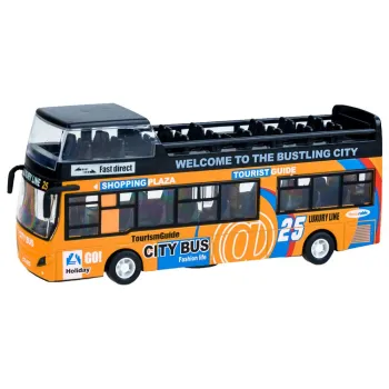 piętrowy autobus zabawka w widoku bocznym z zamkniętymi drzwiami