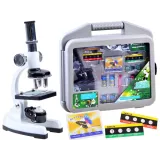 metalowy mikroskop zestaw młodego naukowca na jasnym tle